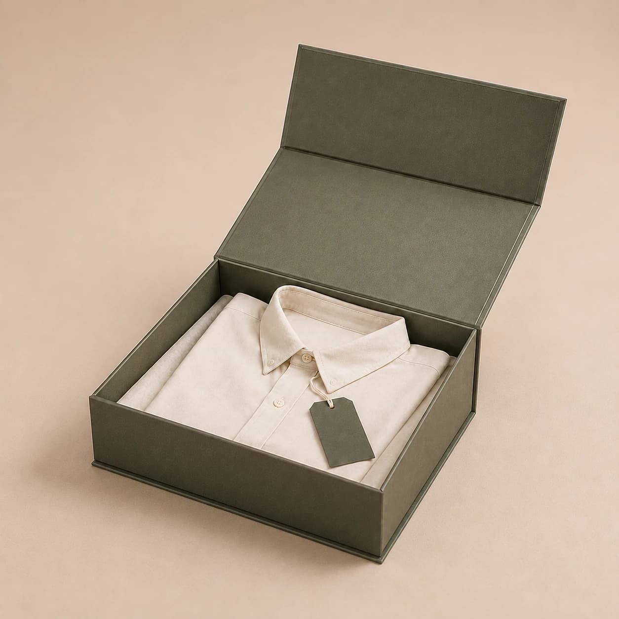 Representative olive apparel presentation box with a folded ivory shirt and matching hang-tag