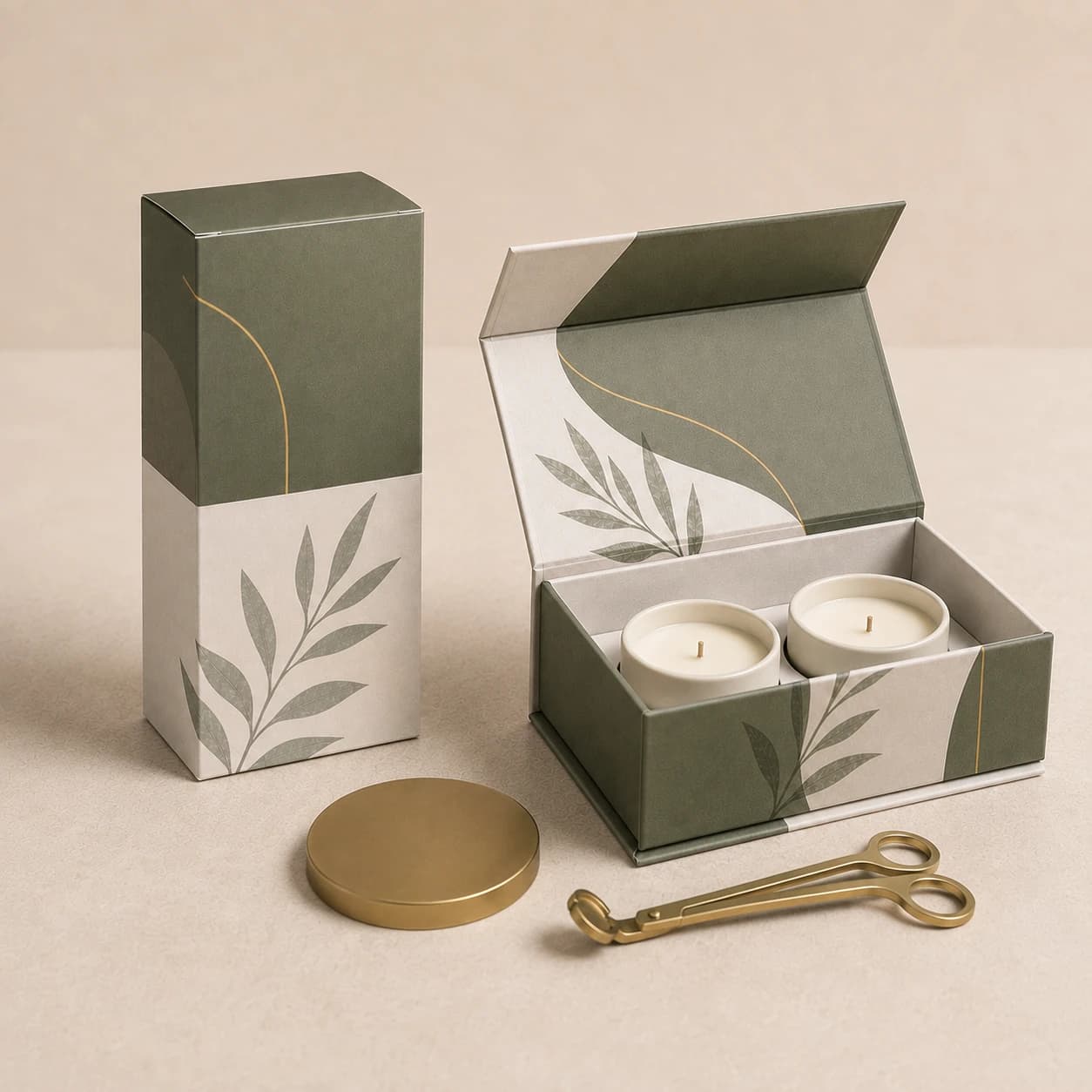 Representative candle tuck carton and magnetic presentation box with candle jar props