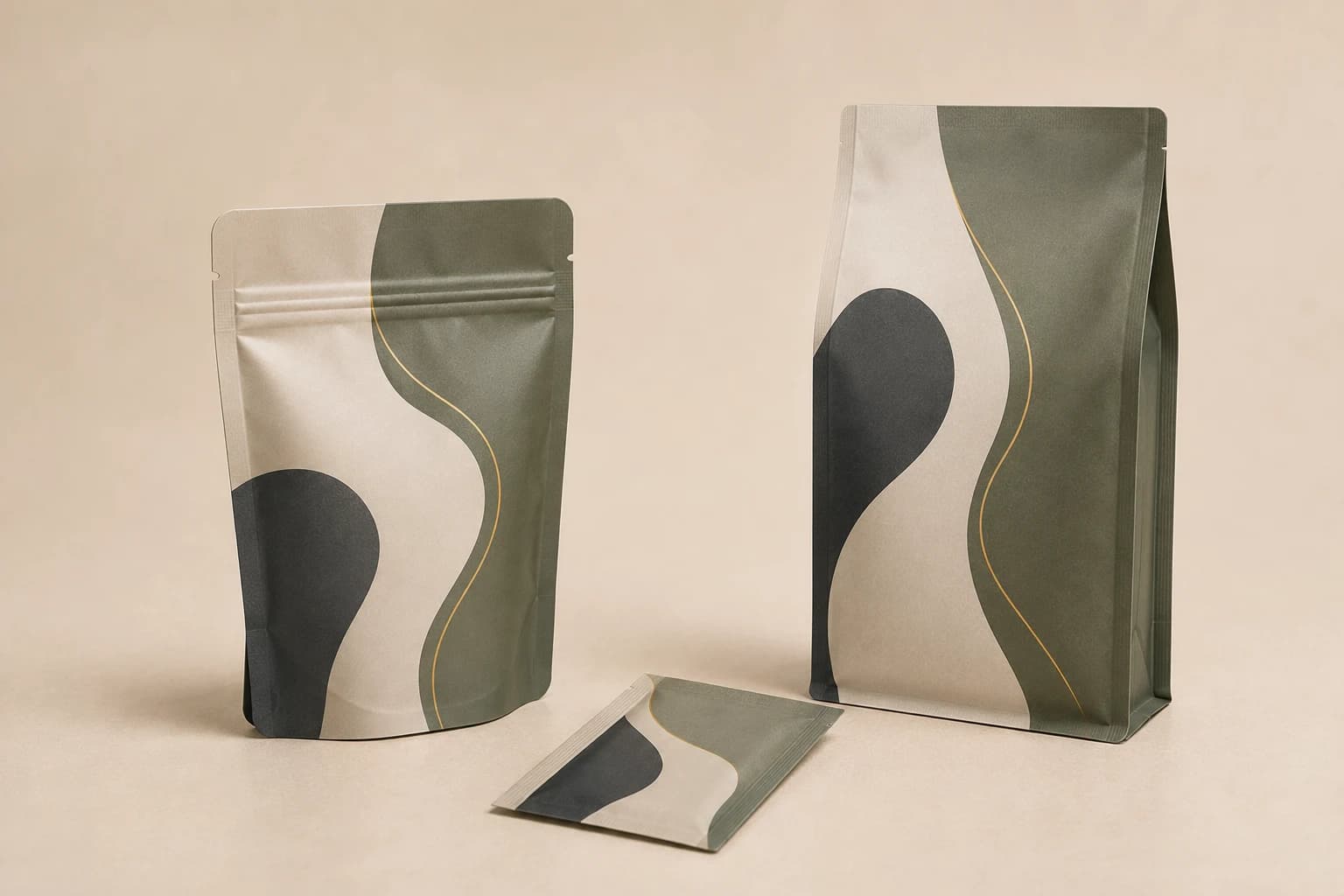 Stand-up, flat-bottom, and three-side-seal custom food pouch formats in the UPG visual theme