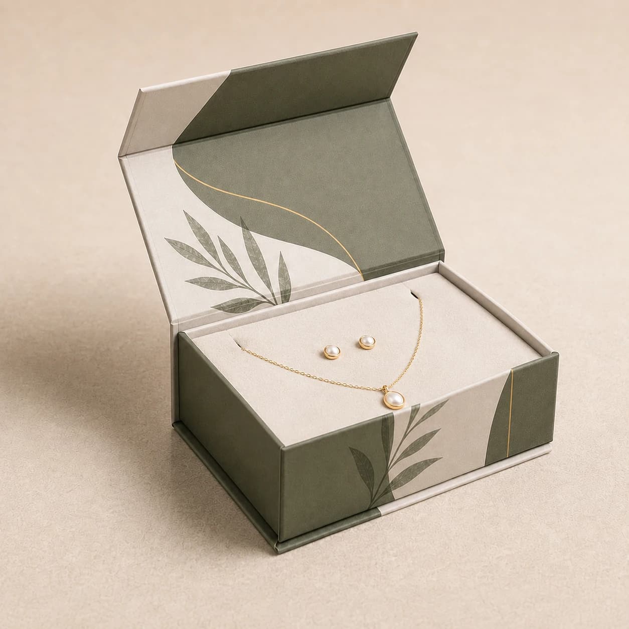 Representative botanical magnetic jewelry box with an ivory insert, pearl pendant necklace, and matching earrings