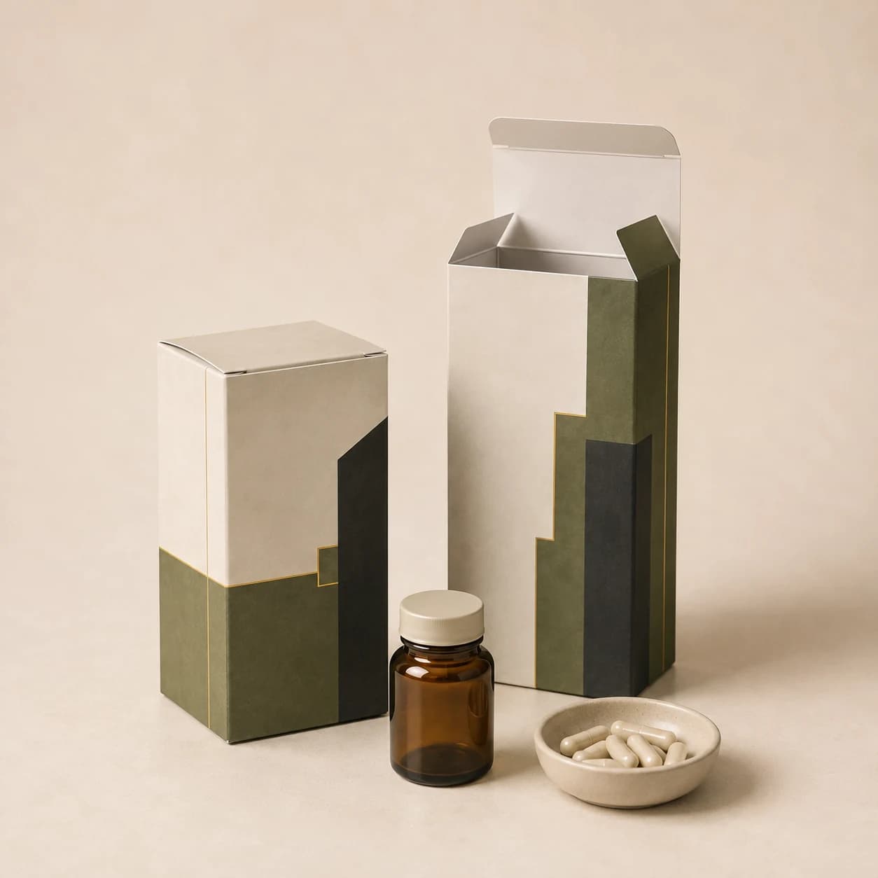 Representative custom printed tuck box concept for a supplement outer carton