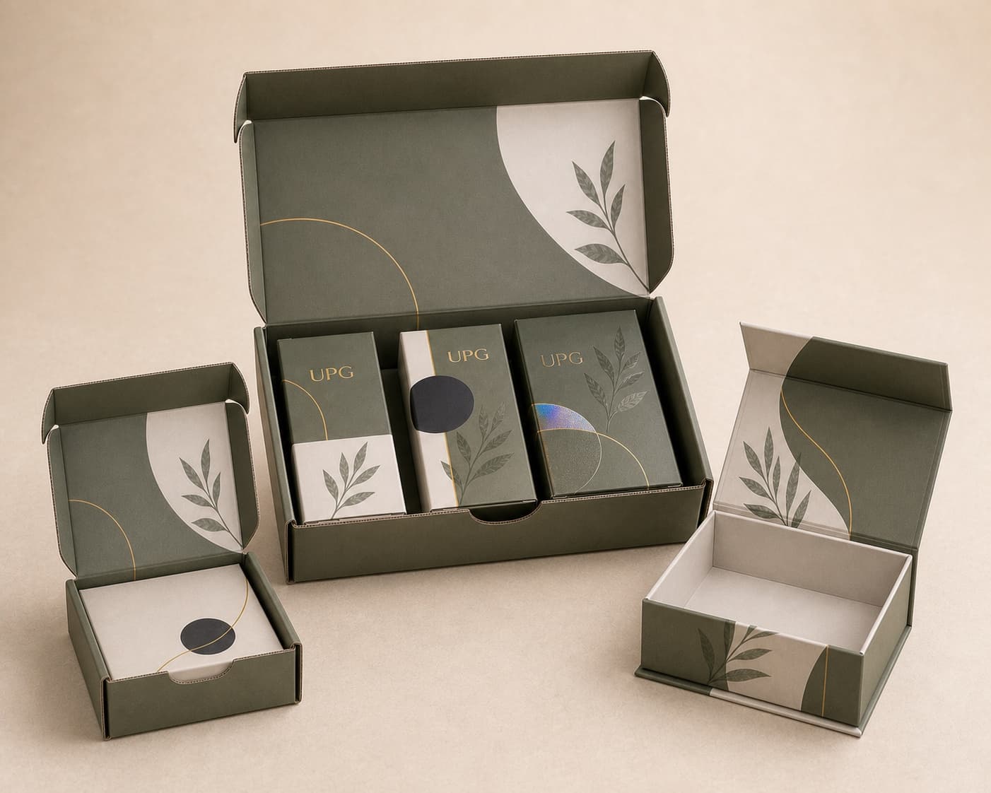 UPG Box Sample Kit with finished tuck cartons, an ear-lock mailer, and a magnetic rigid box