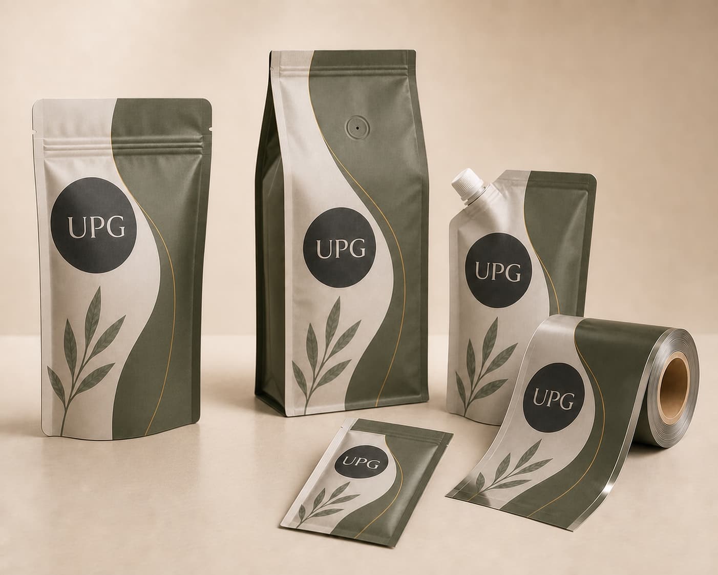 UPG Mylar Bag Sample Kit with a stand-up pouch, flat-bottom coffee bag, spout pouch, three-side-seal pouch, and printed film roll