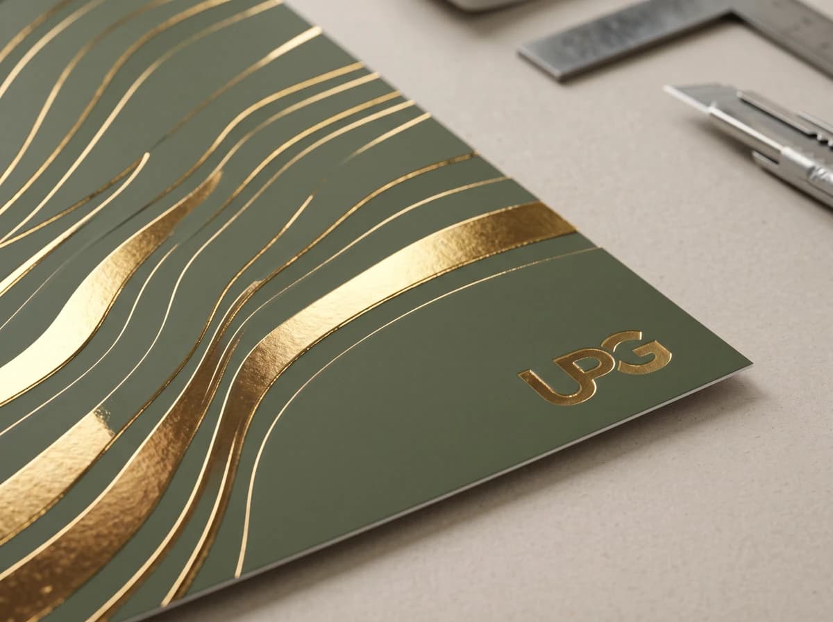 Gold foil linework and UPG mark on a green cardstock sample card on a beige table