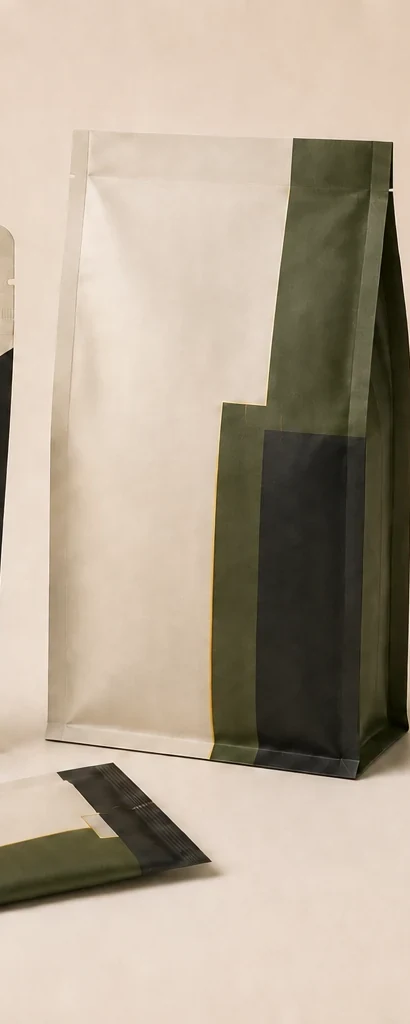 Close-up of an ivory, olive, and charcoal flat-bottom supplement pouch