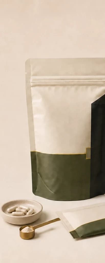 Supplement pouch beside a capsule dish and powder scoop